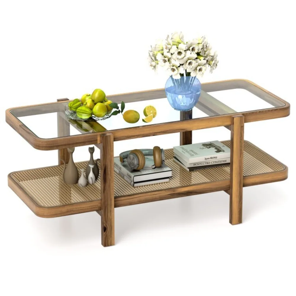 

2-Tier Coffee Table Tempered Glass Table Living Room Storage Shelf Central Table