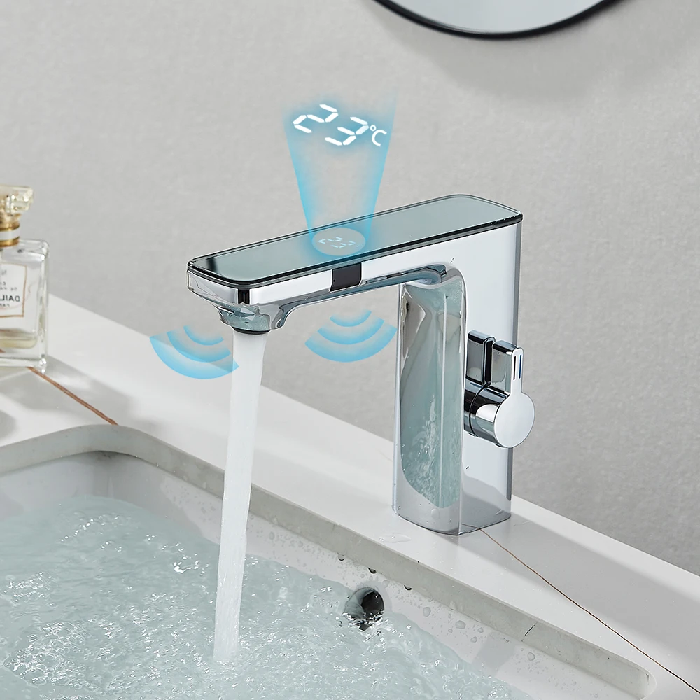 White Smart Sensor Basin Faucet Screen Digital Display Hot Cold Water Mixer Tap Touchless Vanity Sink Faucet For Bathroom