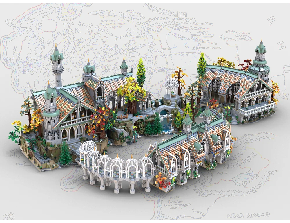 Rivendell Ingress Gate Tower Hall Extension House and Mountain Base Architecture Moc Building Blocks Model Assembly Toys Gifts