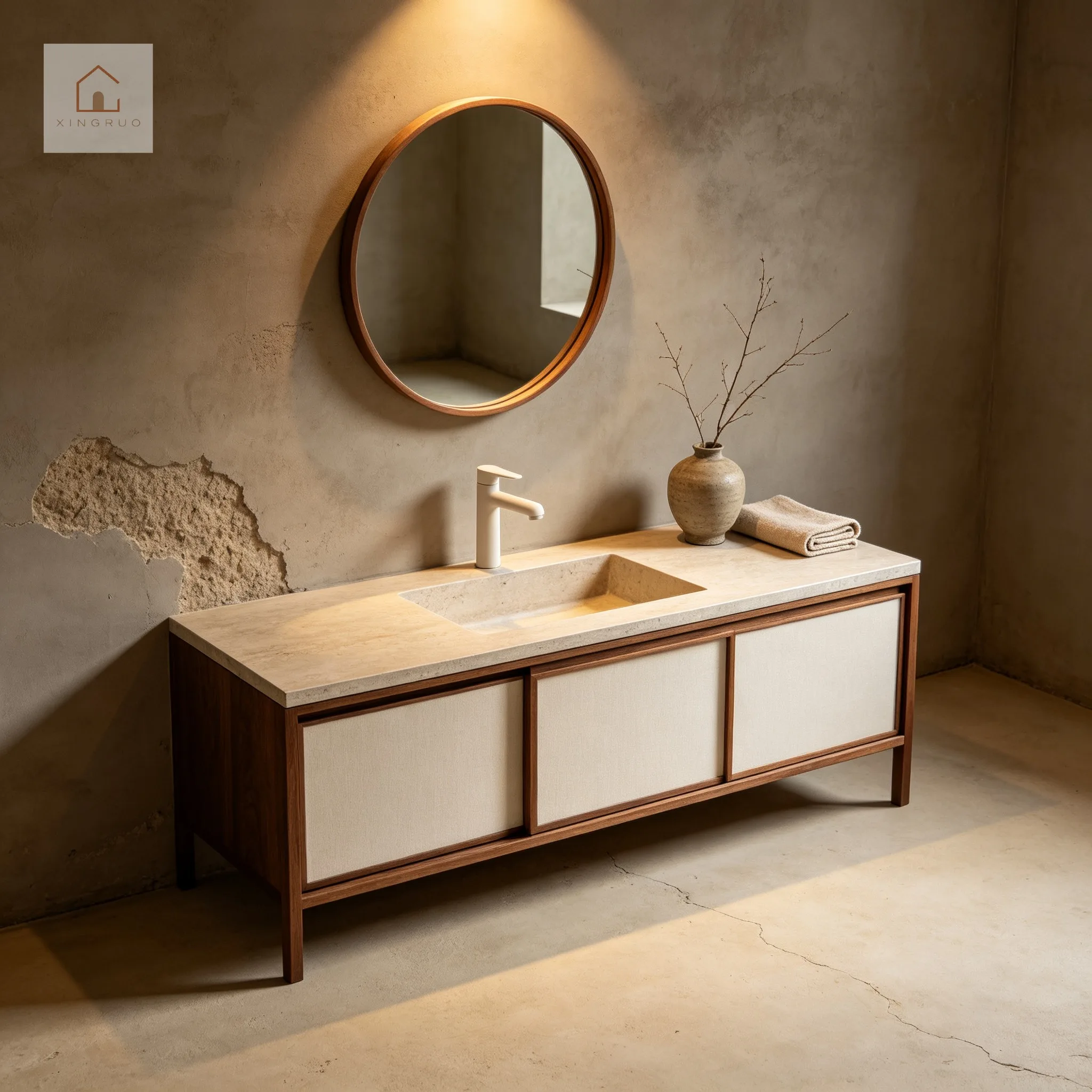 XINGRUO Minimalist Japandi Bathroom Furniture Set With Stone Countertop And Round Mirror Villa Project Customization