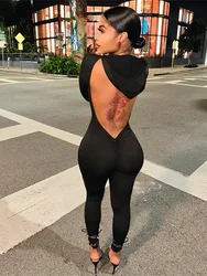Leosoxs Backless Hooded Women Jumpsuit Low Chest Body-Shaping Pencil Pants Slim Elastic High Waist One Pieces Y2K Streetwear