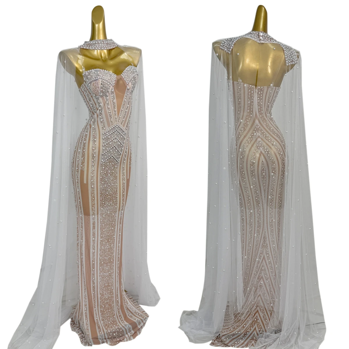 

Wedding Dress White Floor-length Dress Sparkly Rhinestone Pearls Evening Gown Luxury High-end Gala Prom Red Carpet Outfit Pixing