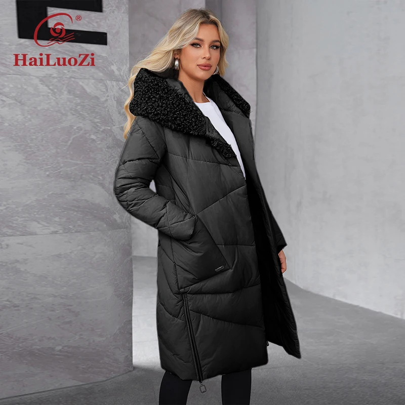 Hailuozi 2024 neue Winter Damen Winter jacke mit großer Tasche Kapuze Schaffell klassische Mode Damen mantel 51