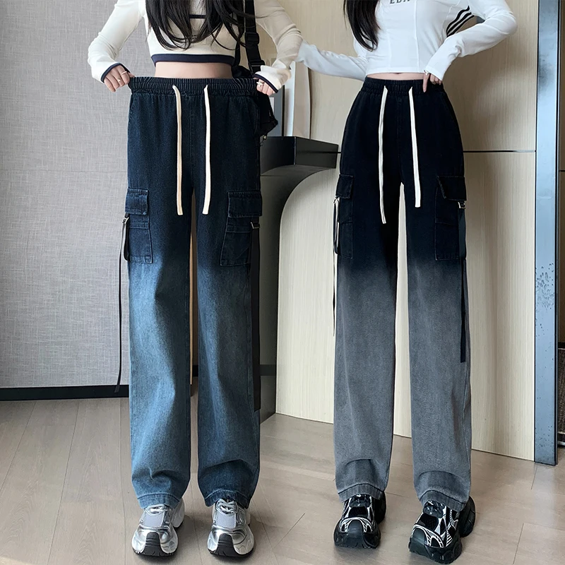 Women's High Waist Gradient Color Block Cargo Jeans, Multi‑Pocket Straight Wide Leg Long Denim Pants, Real Shot