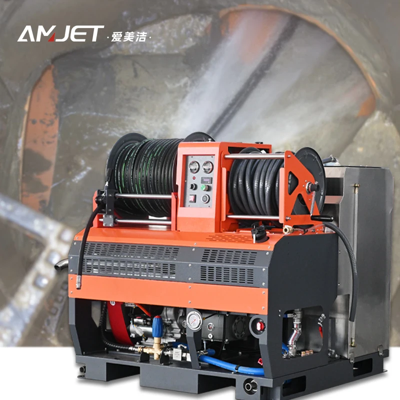 Vehicle-mounted integrated high-pressure sewer dredge cleaning machine 180 gal water tank gasoline large flow sewer cleaning