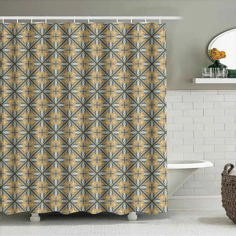 

Blue and beige geometric shower curtain with a modern design for bathroom decoration