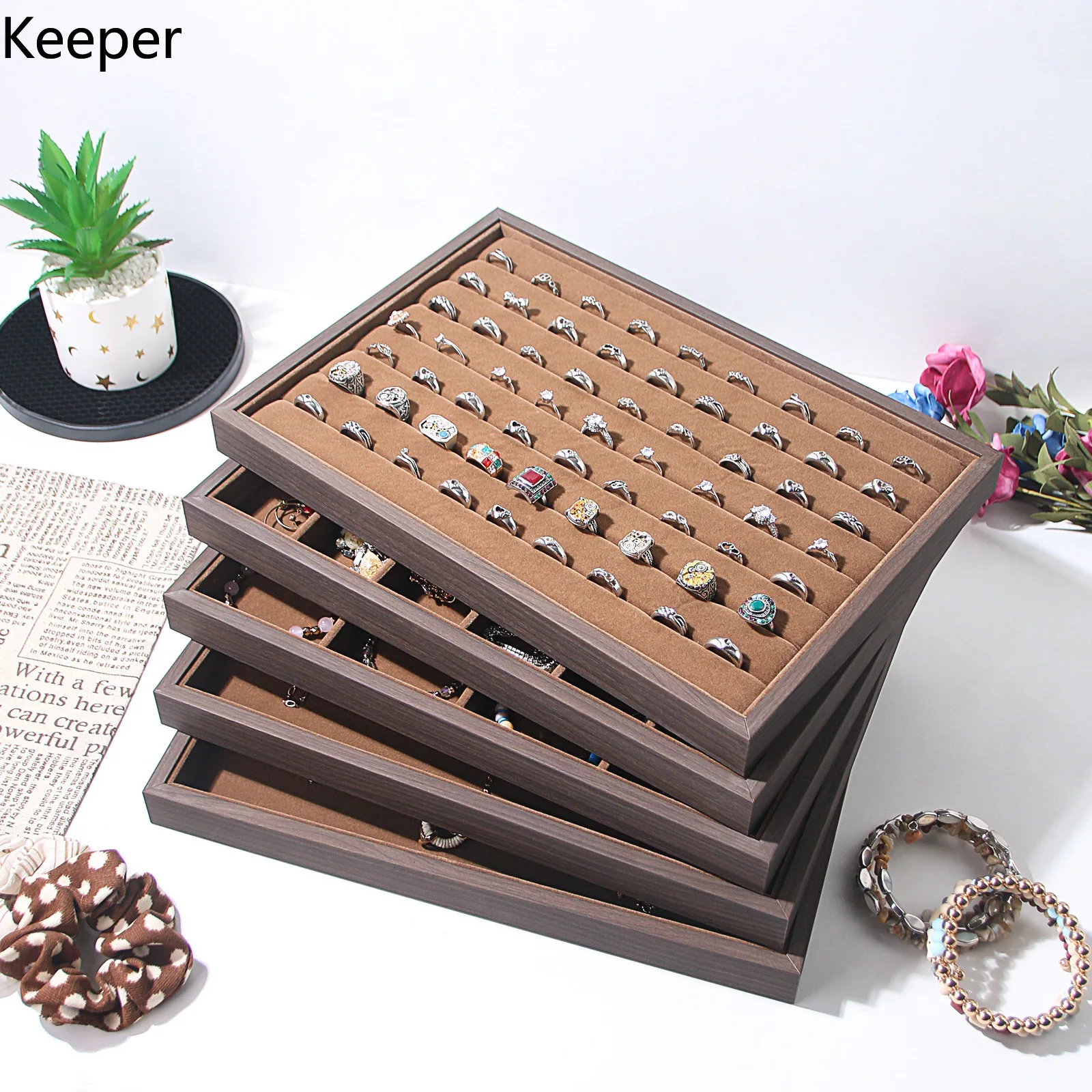 Walnut Wood Grain Jewelry Display Tray, Multi-Compartment Organizer for Ring Necklace Earring Bracelet, Counter Showcase Prop