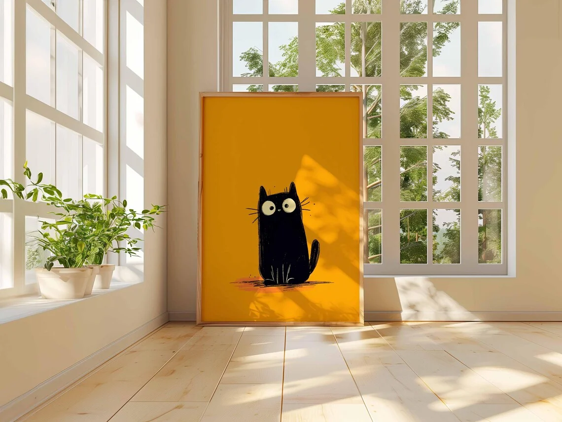 Black Cat Poster, Cute Cat Wall Art Print, Bold Orange Background, Funny Minimalist Cat Illustration, Quirky Animal Decor for Ca image 3