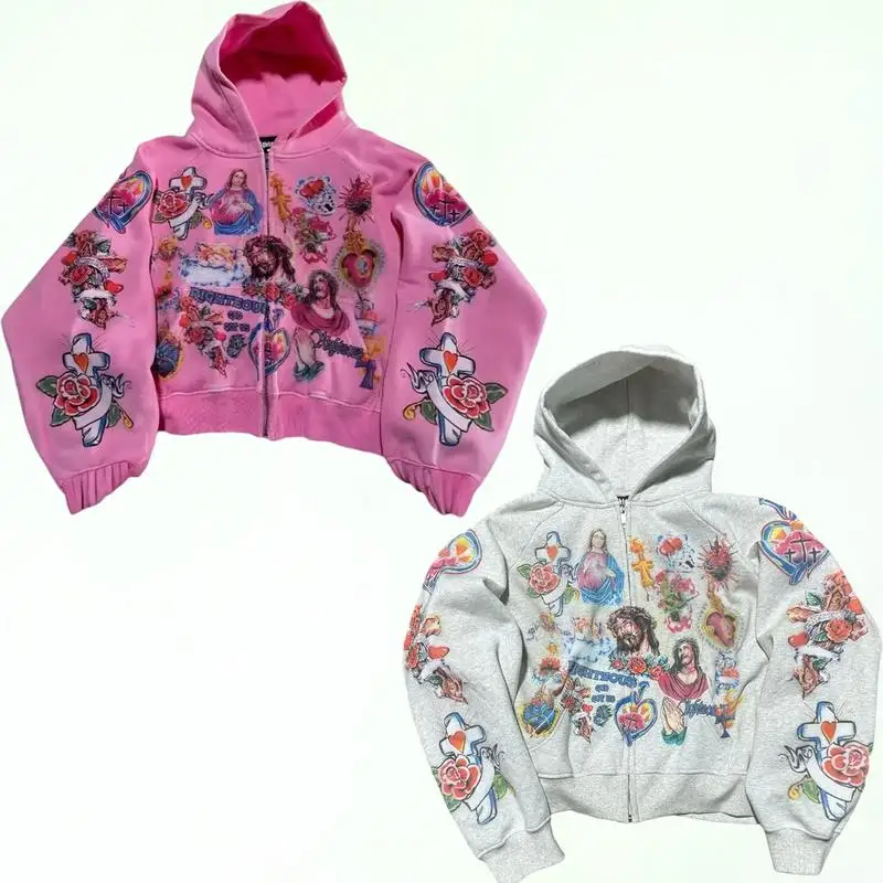 سترة بغطاء للرأس بطبعة يسوع Y2K سترة هاراجوكو القوطية