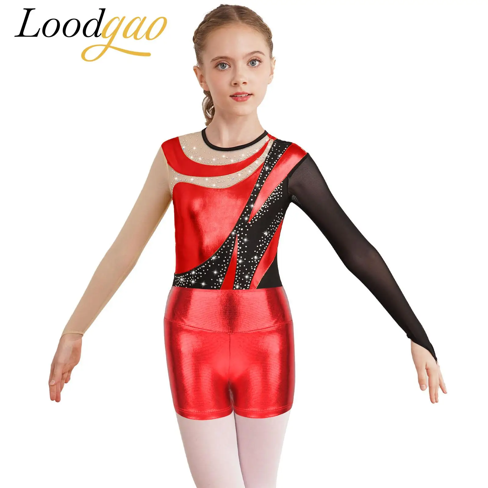 

Girls Rhythmic Gymnastics Leotard Child Figure Skating Jumpsuit Performance Kids Outfit Ballet Dance Bodysuit with Shorts