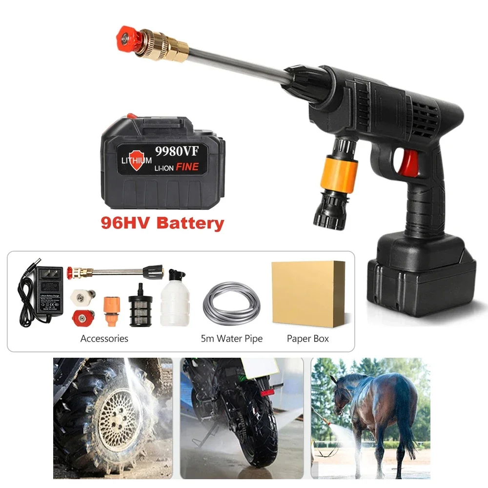 Portable High Pressure Water Gun Cleaning Car Wash Machine Garden Watering Hose Nozzle Sprinkler Foam Water Gun 96HV Big Battery