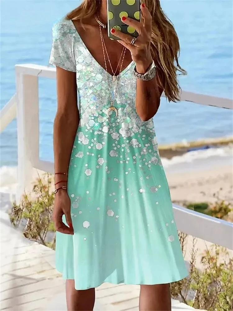 2024 Nowa sukienka damska z krótkim rękawem Letnia sukienka Pullover Fashion Plus-Size Casual Loose V-Neck Ladies Summer Print Party Dress