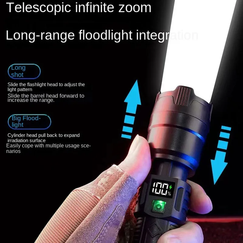 High Strong Power Led Flashlights 2000LM Tactical Torch with Display Light USB Charging Camping Fishing Emergency Zoom Lantern