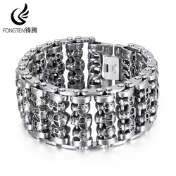 Fongten Wholesale Wide Skull Stainless Steel Bracelets Men Metal Biker Viking Charm Large Argent Men Bracelet Bangle Jewelry