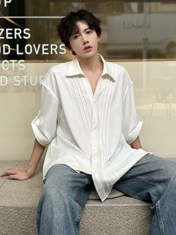 

Складной дизайн Sensation White ort Sve Ice Silk Мужская irt Drapey Sle Trendy f Sve High-End Feeling Haome Wind
