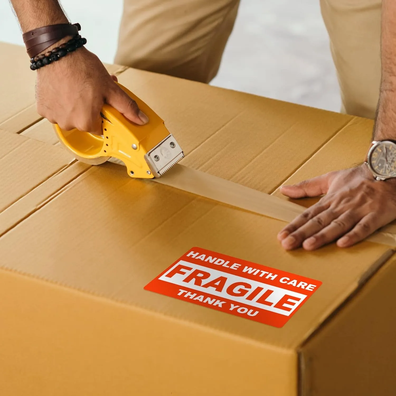 [깨지기 쉬운 경고 스티커] 500개 깨지기 쉬운 스티커 롤 - 빨간색 및 흰색 '조심해서 취급해주세요' 경고 라벨, 감사합니다