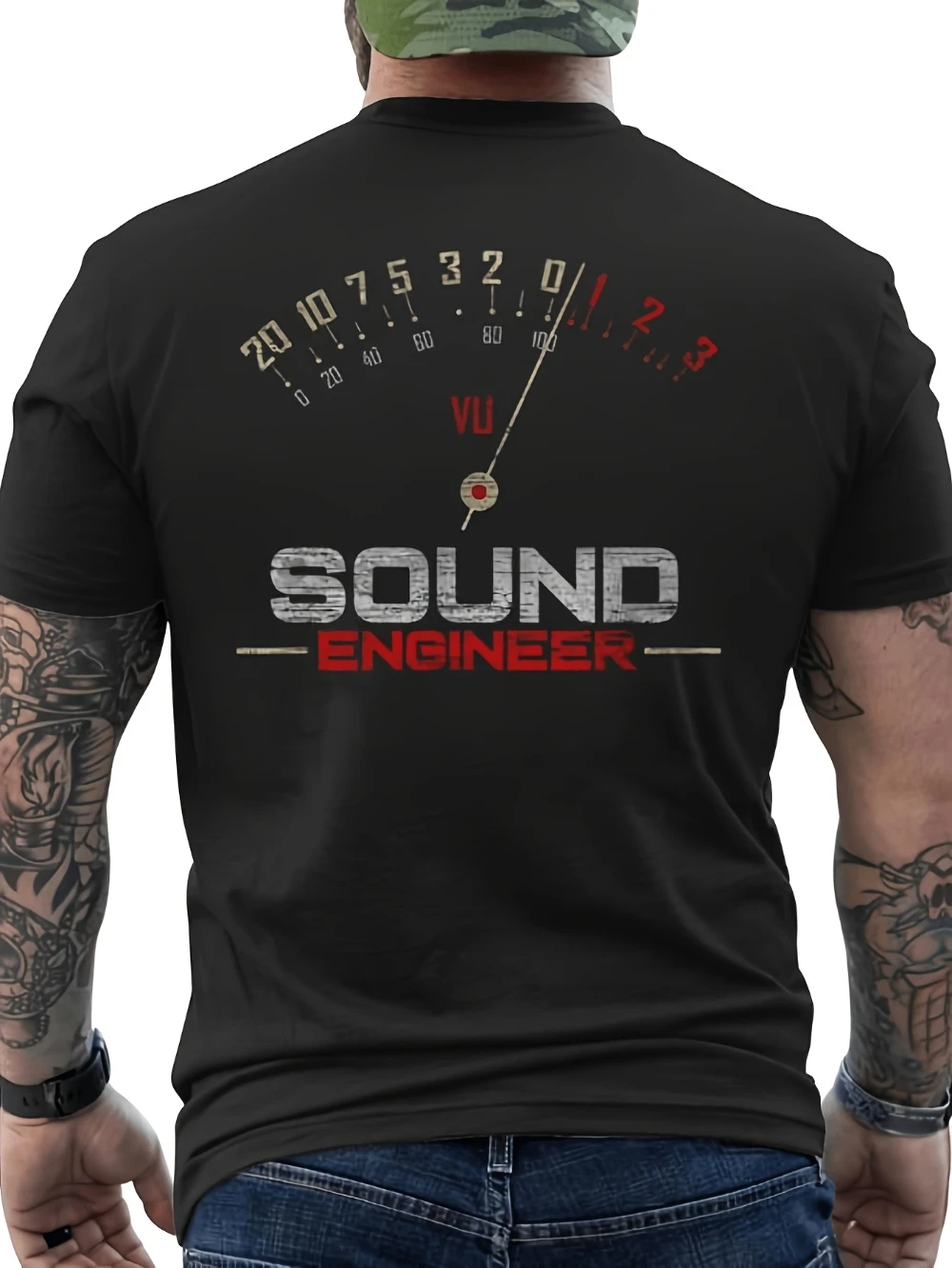 Top PickMen's Sound Engineer Vu Meter Graphic T-Shirt Black with Red Audio Meter Design Sound Level Meter Gauge