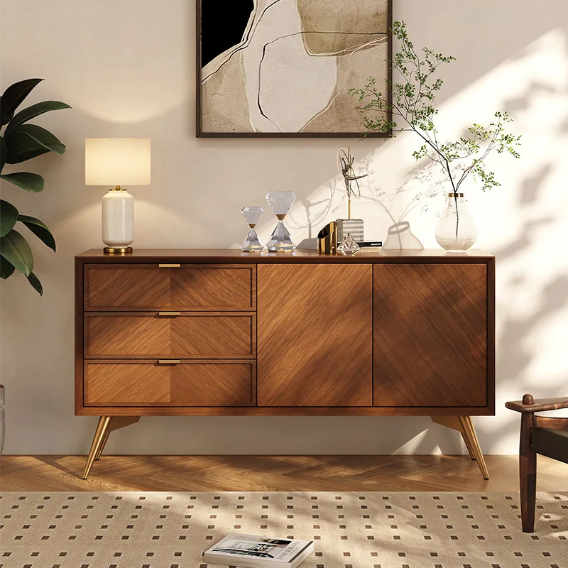 Vintage-style sideboard, living room wall-side storage  Nordic modern minimalist herringbone pattern entryway cabinet