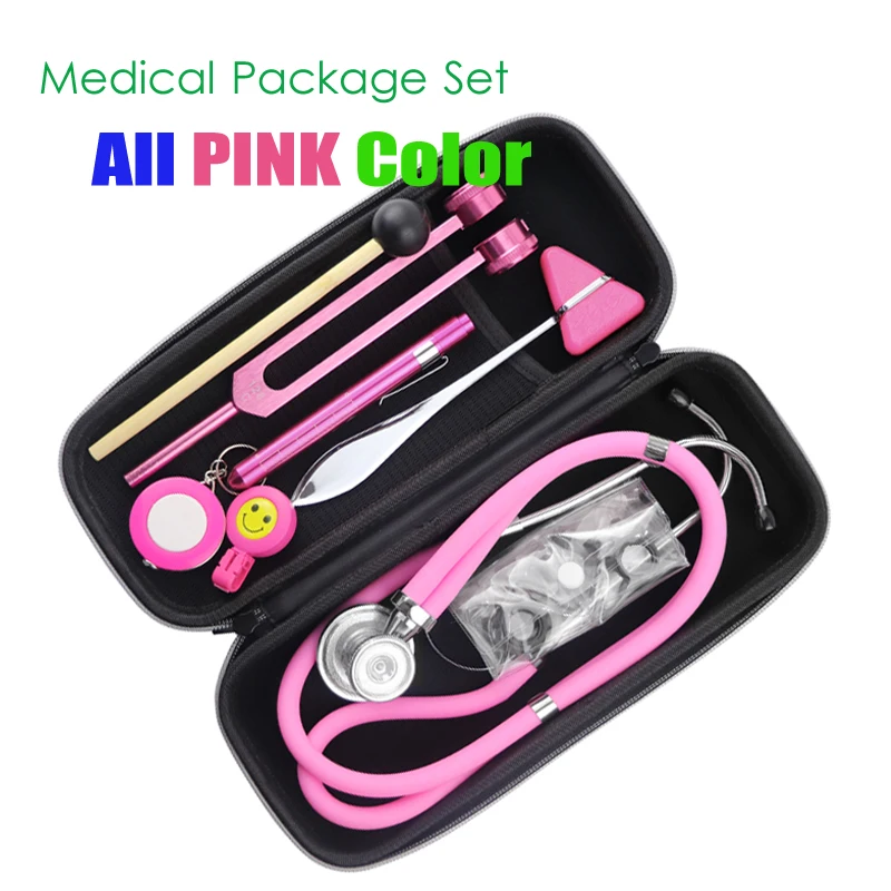 Pink Health Monitor Storage Accessory Package Kit with Medical Doctor Stethoscope Tuning Fork Reflex Hammer LED Penlight Tool