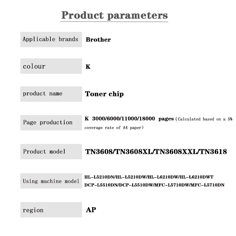 TN3608 AP Toner Chip for Brother HL-L5210DN/HL-L5210DW  HL-L6210DW/HL-L6210DWT  DCP-L5510DN/DCP-L5510DW  MFC-L5710DW/MFC-L5710DN