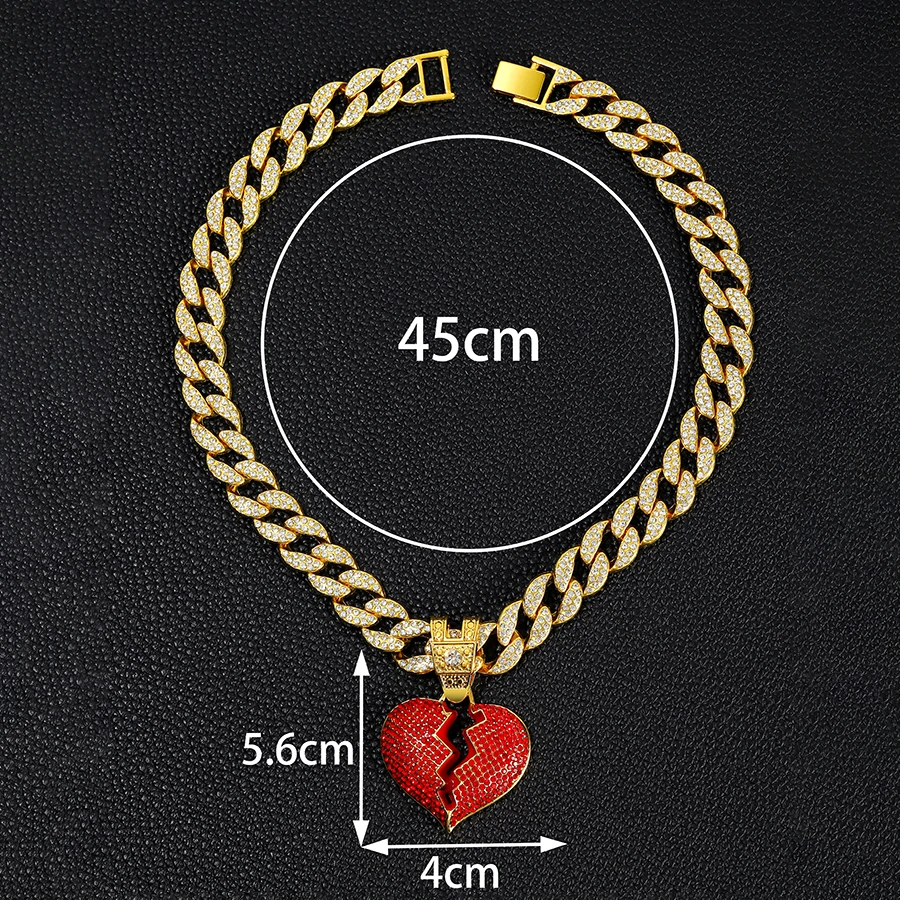 Iced out 15mm miami cuban chain jewelry alloy and rhinestone hip hop red heart pendant necklace