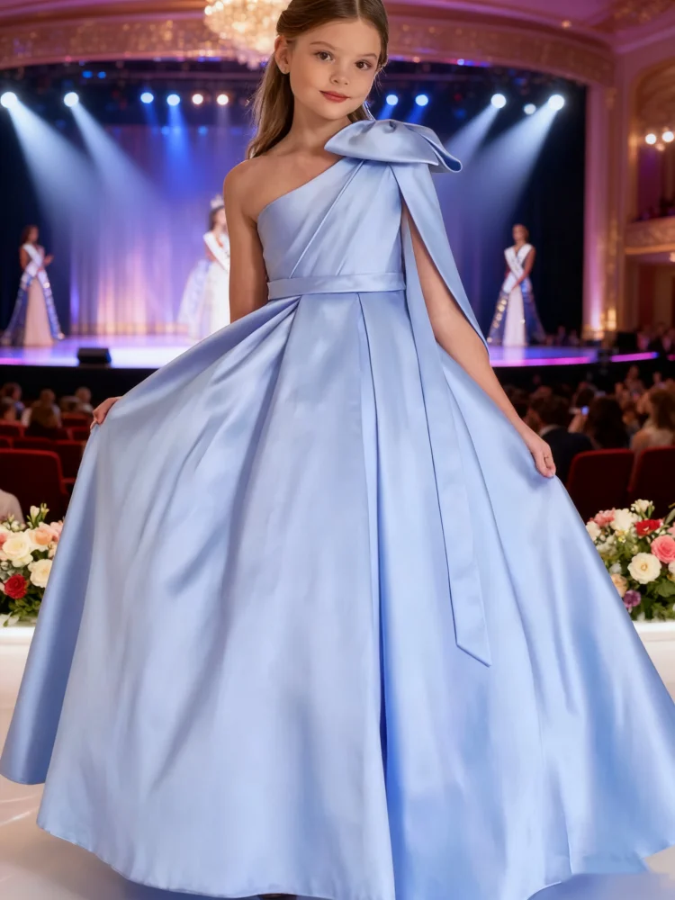 Maßgeschneidertes Satin-Blumenmädchenkleid mit einer Schulter und Schleife, Prinzessinnenkleid für Hochzeit, Kindergeburtstag, Erstkommunion, Abschlussball