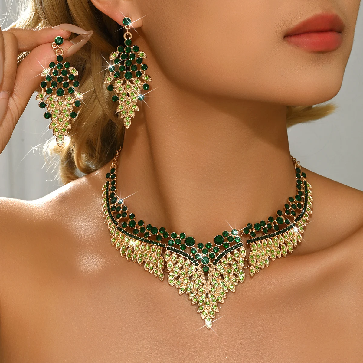 Damen Mehrfarbiges Diamant-Extravagantes Halsketten- und Ohrring-Set (2-teilig) für Bankett, Ball und Partykleid mit Accessoires – Detail 10