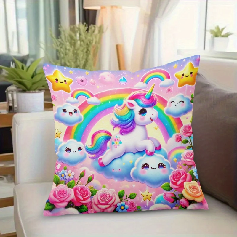 Double Sided Fantasy Unicorn Festive Pillowcase, Rainbow Graphic Cushion Cover with Hidden Zipper for Home Sofa Decor, 1 PC