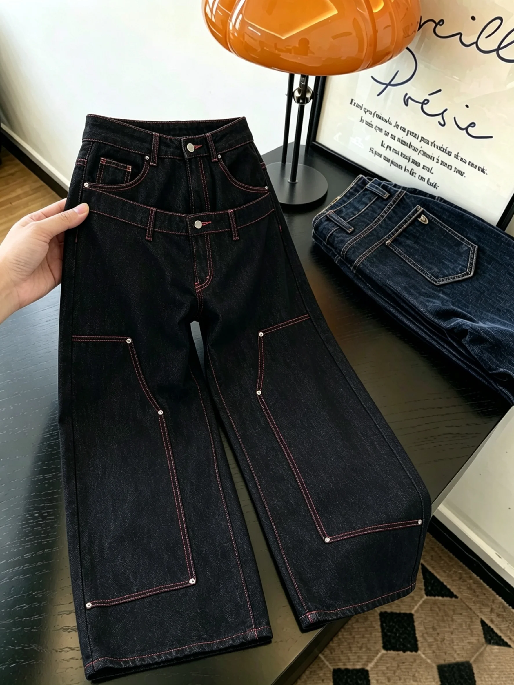American Workwear Style Color Block High Waist Wide Leg Jeans Women Summer Design Slimming Versatile Straight Cut Trousers
