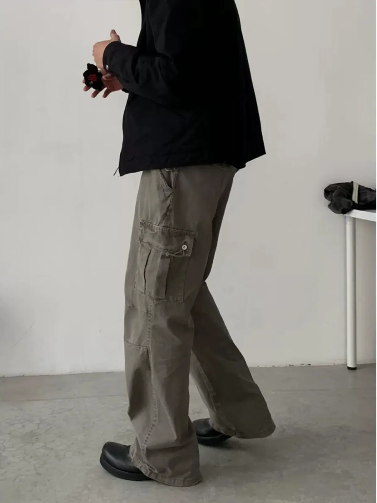 الرجعية الأمريكية Waed ضوء الكاكي خمر دمرت السراويل الساق المستقيمة مع كيتس ex عارضة ملابس العمل السراويل #5