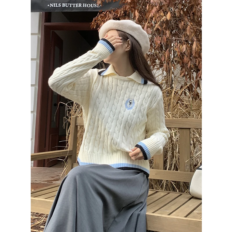 2023 New Autumn Baggy Long Sleeve Sweater Lady Lapel Design Knitwear Classic Korean Styl White Color Vintage Women Knit Pullover