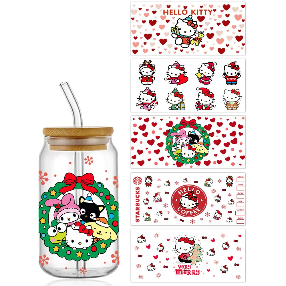 Christmas Kitty 16oz UV DTF Cup Wrap Cartoon Libbey Tumbler Glass Plastic Can Transfer Sticker Waterproof Self-adhesive