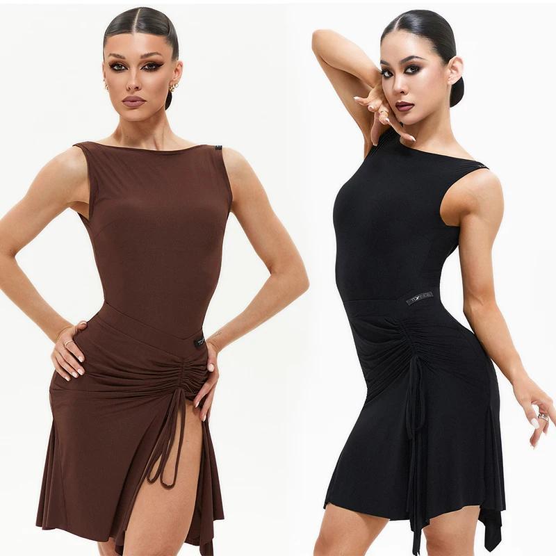 

Latin Ballroom Dance Practice Clothes Women Sleeveless Leotards Drawstring Skirt Brown Black Latin Dance Dresses Adult DNV25212