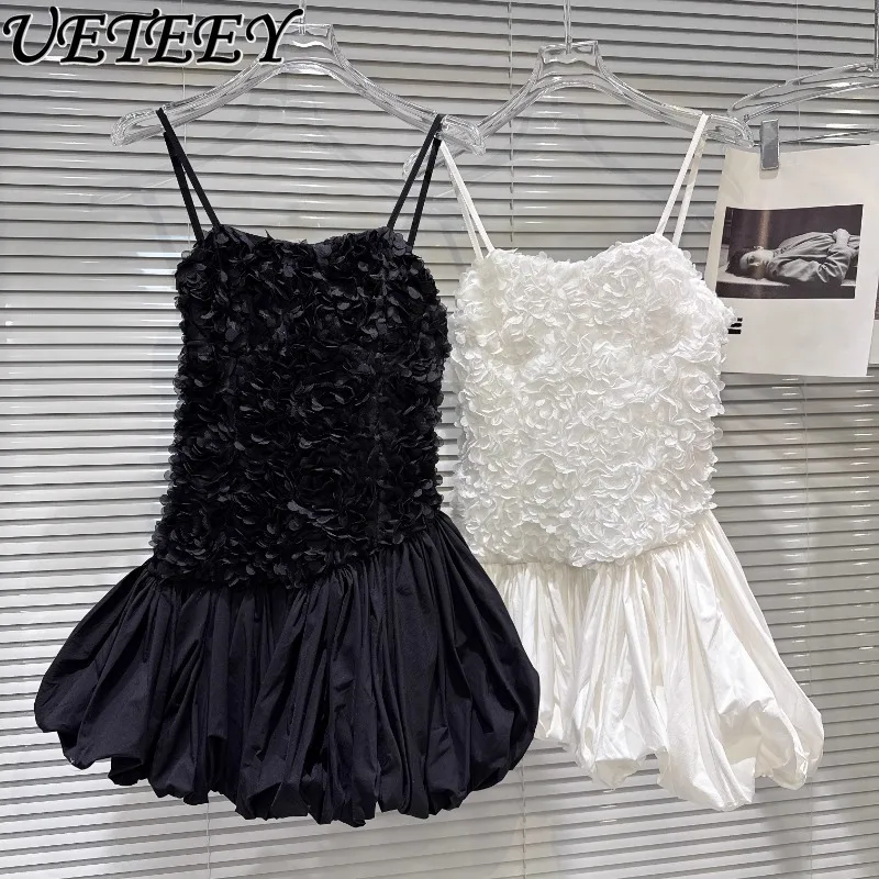 

2025 Summer New Sweet Spicy Three-dimensional Flower Splicing Solid Color Short Dress Pendulum Strap Suspender Dresses