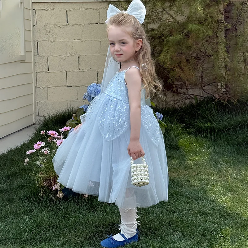 2026 Summer Girls Princess Dress Petal Spaghetti Strap Sequin Tulle Tutu Elegant Birthday Party Pageant Wedding Dresses For Kids
