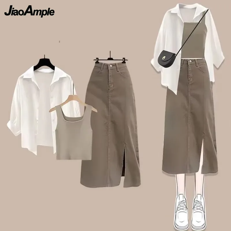 

Women's 2025 Spring/Summer New Elegant Long Sleeved Shirt+Striped Vest+Sexy Split Denim Skirt 3-piece Suit Female Matching Set