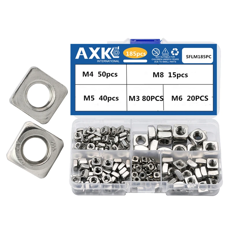 

AXK 185pcs Square Nuts Kit Stainless Steel M3 M4 M5 M6 M8 Mixing Metric Square Nuts Set DIN557 Four-sided Nuts