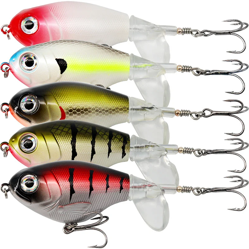 

Topwater Popper Fishing Lures Bass Lures for Saltwater Freshwater Fishing 5PCS Mixed Color Crankbait 3D EyesBait Rotating Tail