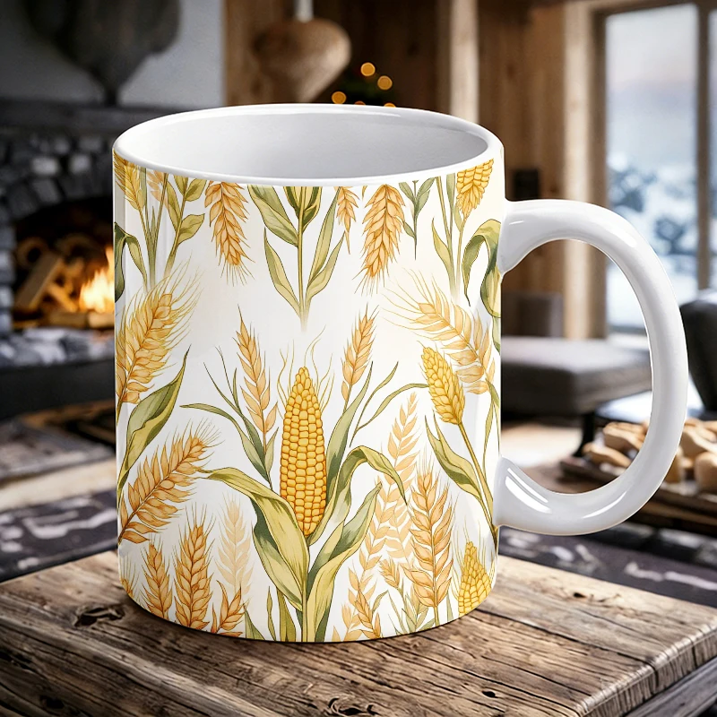 

11 oz corn wheat handle ceramic cup, full-print pattern coffee cup, insulated milk cup, water cup for office, fade-resistant
