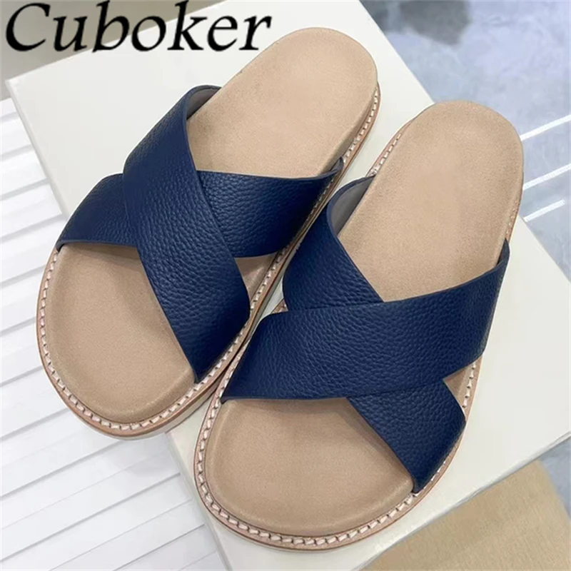 

2024 Summer New Genuine Leather Flat Slippers For Lovers Open Toe Cross Band Platform Mules Women Casual Beach Slides Shoes Men