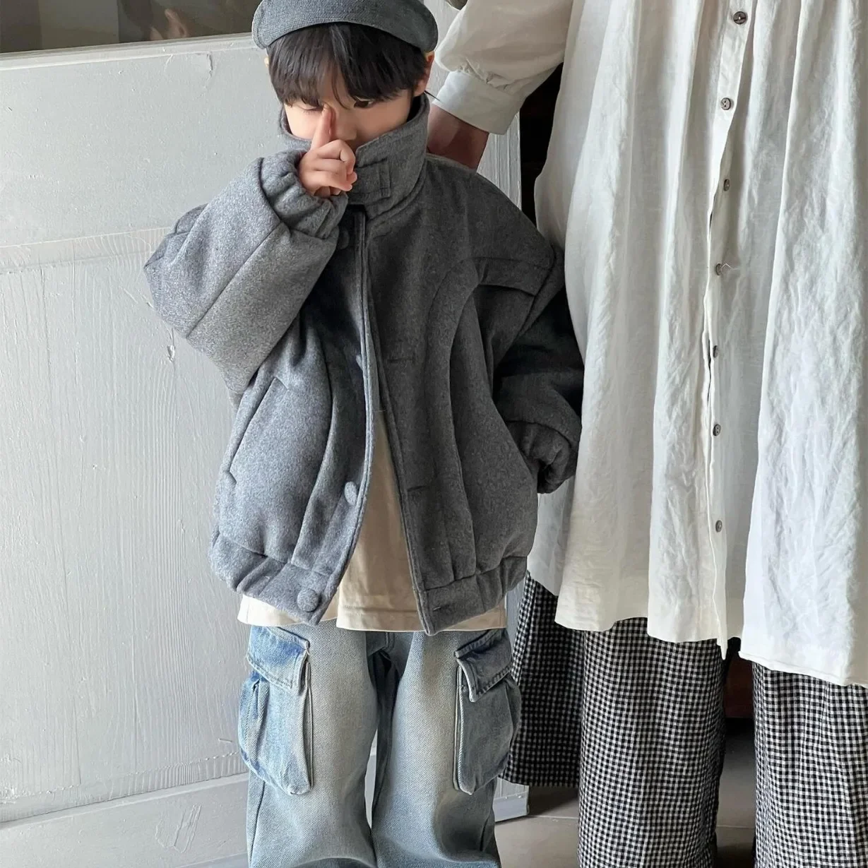 

Children Clothing Boys Handsome Jacket Korean Style 2023 Winter New Fashionable Girls Solid Color Warm Wool Overcoat