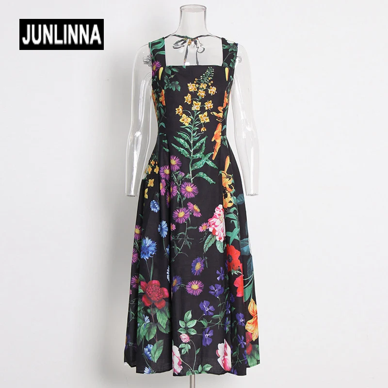 

JUNLINNA Runway Women Summer Dress Flower Printing Beading Fashion Party Vestidos Long Sliming Camisole