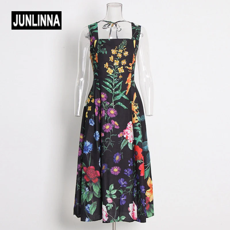 JUNLINNA Runway Women Summer Dress Flower Printing Beading Fashion Party Vestidos Long Sliming Camisole