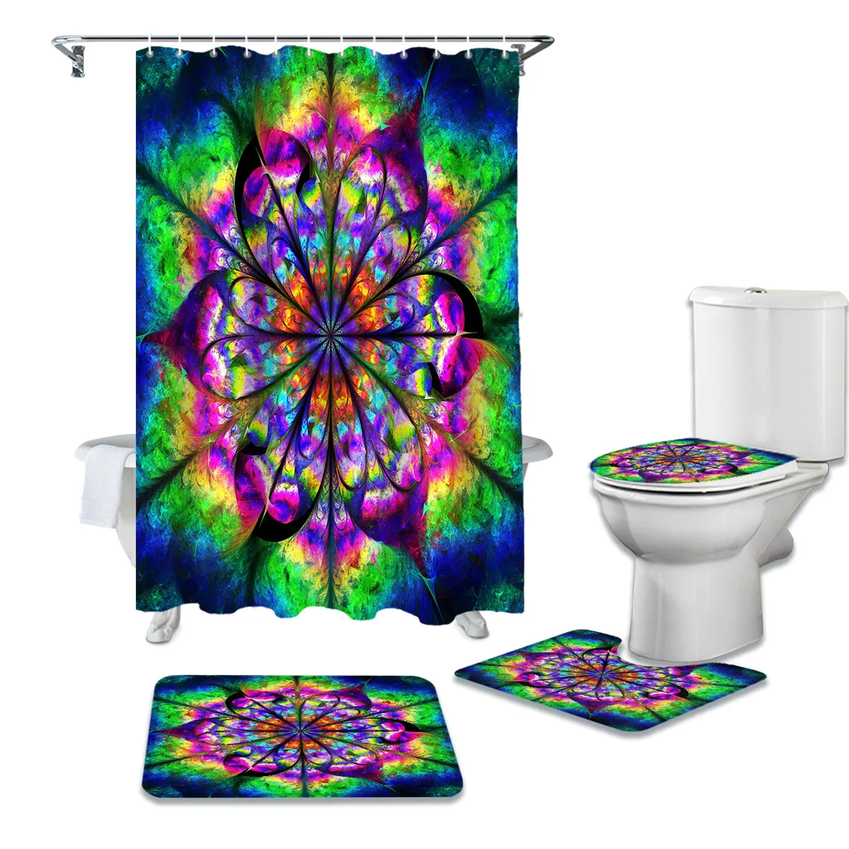 Psychedelic Flower Mandala Rainbow Flower Shower Curtain Sets Rugs Toilet Lid Cover and Bath Mat Bathroom Curtains Set