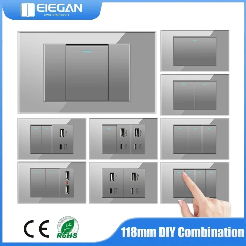 

G18 EU BR US Standard 1/2/3/4/5 Gang 2/3 way wall light switch 20A tempered glass panel button power socket switch