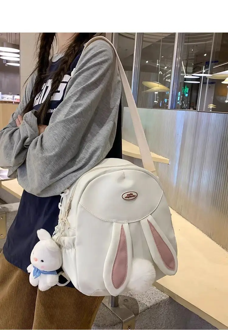 JIAERDI Rabbit Canvas Bacpacks Women Harajuku Kawaii Casual White Schoolbag Backpack Female Sweet Cute Y2k Mochilas Aesthetic