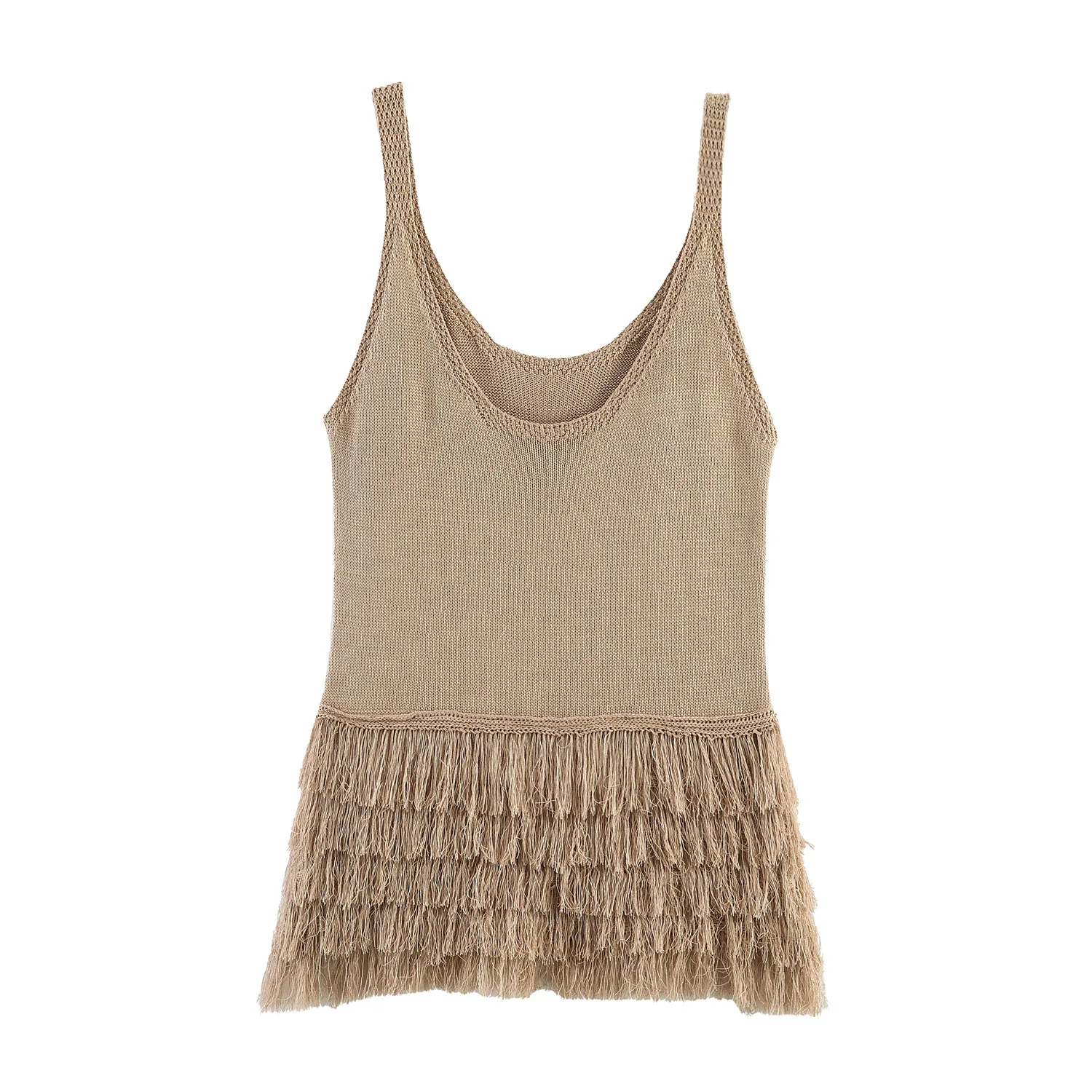Bohemia Quasten-Strandtop für Damen – Ärmelloses Vintage-Stricktop mit O-Ausschnitt für den Sommer – Detail 2