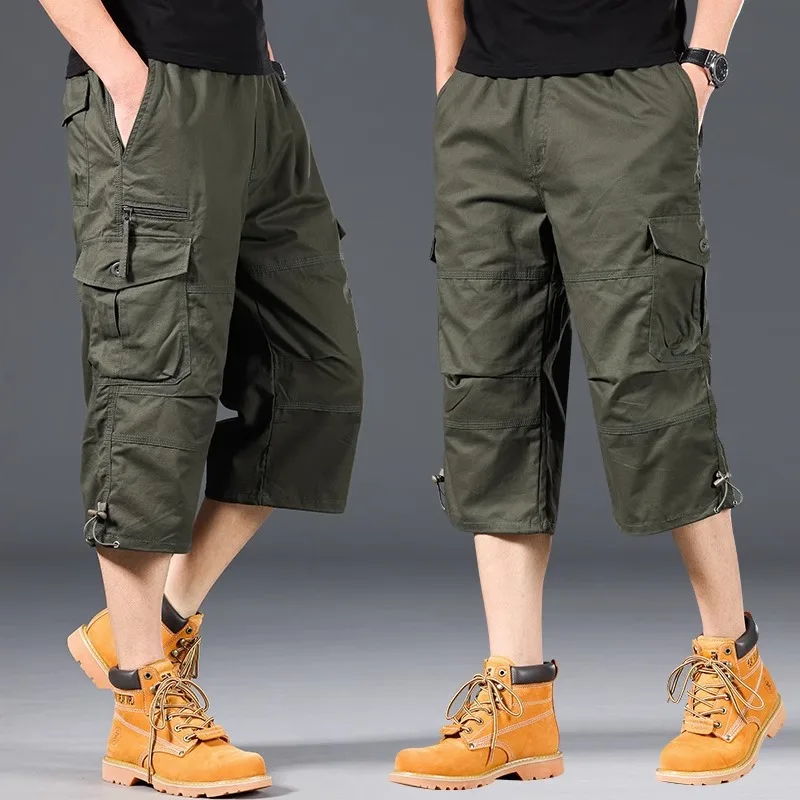 Pantalones cortos Cargo para hombre, Capri táctico, holgado, informal, por debajo de la rodilla, cintura elástica, talla grande, para correr al aire