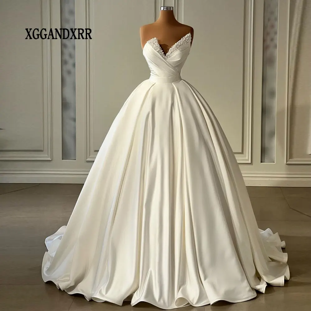 

New Arrival Ball Gown Wedding Dress 2024 Bridal Gown Sweetheart Backless Matte Satin Long Bride Formal Party Wear Beading Pearls