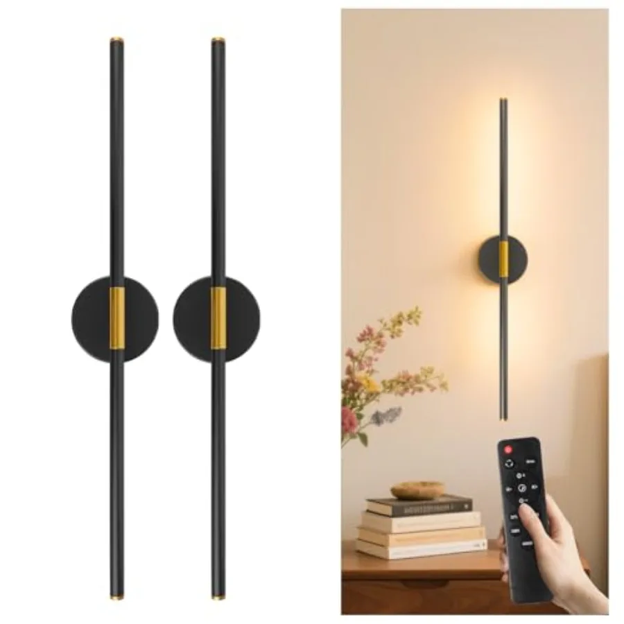 28.3" Battery Operated Wall Sconces Set of 2 360Rotation Rechargeable Wall Lights with Remote Control 3000K-6500K LED Detachab